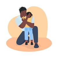 Father and son reunion 2D vector isolated illustration. Dad relaxing male toddler with hugs flat characters on cartoon background. Embracing child with care. Parenting hugging colourful scene