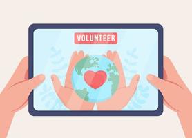 Join environmental volunteering online flat color vector illustration. Save planet. Contribution and participation in campaign. 2D cartoon hands holding tablet from first view with abstract background