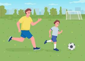 Playing soccer with dad flat color vector illustration. Sporting event for family bonding. Recreational activity. Running father and male kid 2D cartoon characters with football field on background