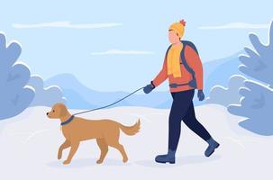 Paseo de invierno con ilustración de vector de color plano de perro. excursionista con animal en ruta de trekking. Hombre con mascota con correa personajes de dibujos animados en 2d con colinas de invierno en la nieve en el fondo