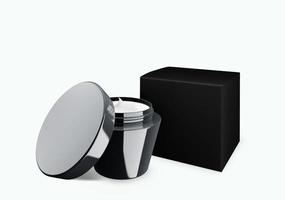 Blank black glossy cosmetic jar mock up on white background with smear cream in front view angle, 3d illustration photo