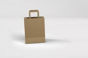Vista de cerca de la bolsa de la compra de papel artesanal con asas sobre fondo blanco, ilustración aislada de representación 3D. adecuado para el diseño de su elemento.