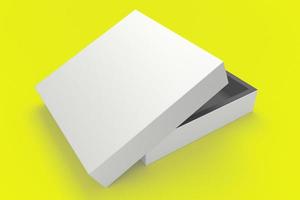 Paper gift box. Square white box on yellow background. Packing for mockup. Gift box. 3d rendering. photo