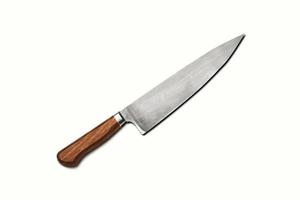 Top up view of knife with wooden handle on white . fit for your design element.