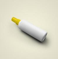 3D rendering blank white cosmetic plastic spray bottle with yellow cap isolated on grey background. fit for your mockup design.