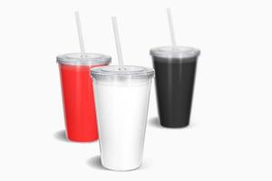 Blank colored disposable cup with straw mock up, isolated. paper soda drinking mug mockup with lid and tube front view. Clear soft drink take away plastic package.3D rendering. photo