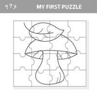 Cartoon white mushroom with leaves. Paper game My first puzzle for children vector