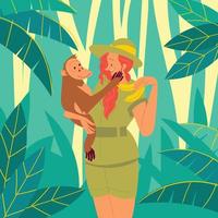 Mujer cuidadora del zoológico dando plátanos al orangután vector