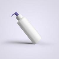 Representación 3D botella de plástico cosmético blanco en blanco con dispensador púrpura aislado sobre fondo gris. apto para el diseño de su maqueta.