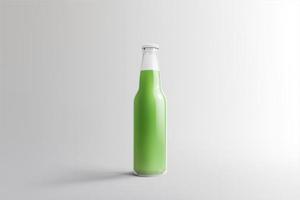 Varias botellas de refresco de frutas, bebida no alcohólica con gotas de agua aisladas sobre fondo blanco. Representación 3D, adecuada para su proyecto de diseño. foto