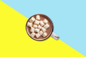 Marsh mellow over chocolate milk, flat lay concept isolated. photo