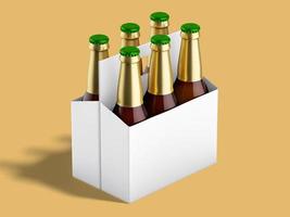 Six beer bottles in cardboard container with green caps with reflection in shiny white base. photo