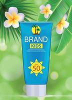 Sun Care Cream Bottle, Tube Template for Ads or Magazine Background. 3D Realistic Vector Iillustration