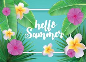 Hello Summer Natural Floral Background with Frame Vector Illustration