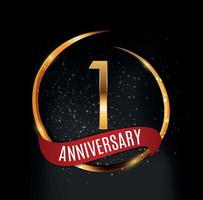 Template Gold Logo 1 Years Anniversary with Red Ribbon Vector Illustration