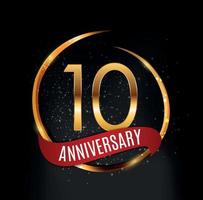 Template Gold Logo 10 Years Anniversary with Red Ribbon Vector Illustration