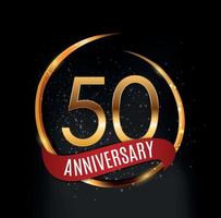 Template Gold Logo 50 Years Anniversary with Red Ribbon Vector Illustration