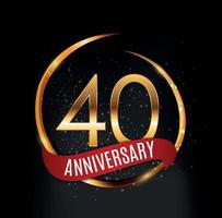 Template Gold Logo 40 Years Anniversary with Red Ribbon Vector Illustration