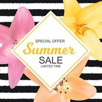 Summer Sale Banner with Lily Flowers. Cute Natural Background Vector Illustration