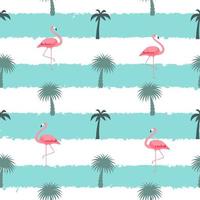 Palm Leaf and with Cartoon Pink Flamingo. Seamless Pattern Background. Vector Illustration