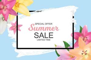 Summer Sale Banner with Lily, Rose, Chamomile and Calla Flowers. Cute Natural Background Vector Illustration