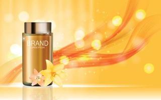 Design Cosmetics Product  with Flowers Golden Liy Template for Ads or Magazine Background. 3D Realistic Vector Iillustration