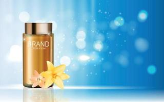 Design Cosmetics Product  with Flowers Golden Liy Template for Ads or Magazine Background. 3D Realistic Vector Iillustration