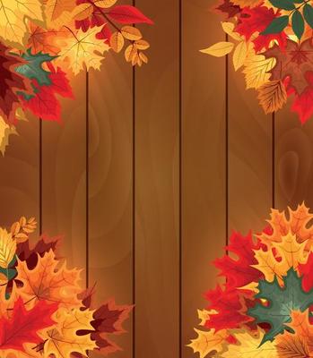 Abstract Vector Illustration Background with Falling Autumn Leaves and Wood Boards