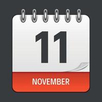 Icono diario del calendario 11 de noviembre. emblema de ilustración vectorial. elemento de diseño para documentos y aplicaciones de oficina de decoración. logo de dia, fecha, mes y feriado vector