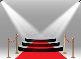 Colorful illuminated podium for awards and performances illuminated by bright spotlights on the red carpet and Realistic golden barriers for fencing when entering a party, club, even. vector