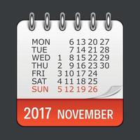 November 2017 Calendar Daily Icon. Vector Illustration Emblem. Element of Design for Decoration Office Documents and Applications. Logo of Day, Date, Month and Holiday