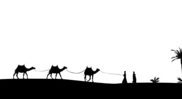 Silhouette of Caravan mit people and camels wandering through the deserts with palms. Vector Illustration.