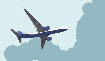 Flat airliner flying in the sky. Side view from the bottom. Vector Illustration