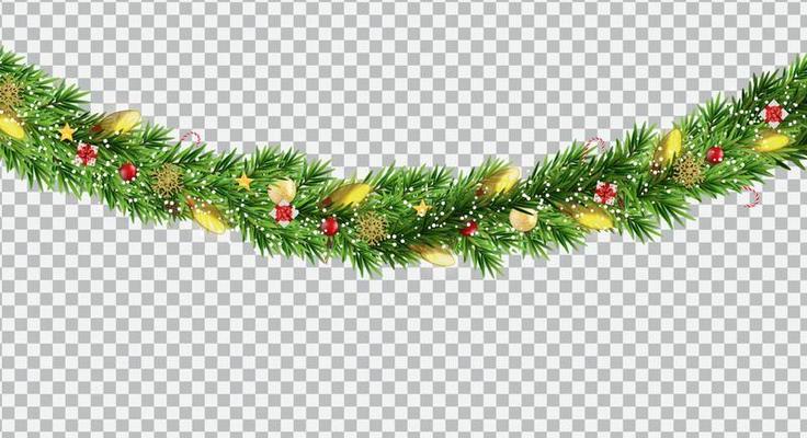 Wide Christmas border garland fromf fir branches, balls, pine cones and other ornaments, isolated on transparent background. Vector Illustration