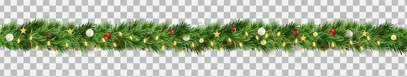 Wide Christmas border garland fromf fir branches, balls, pine cones and other ornaments, isolated on transparent background. Vector Illustration