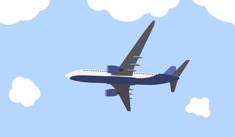 Flat airliner flying in the sky. Side view from the bottom. Vector Illustration