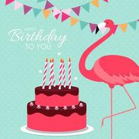 Happy Birthday Poster Background with Cake Colorful and Cartoon Pink Flamingo. Vector Illustration