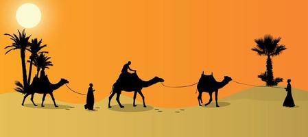 Silhouette of Caravan mit people and camels wandering through the deserts with palms at night and day. Vector Illustration.