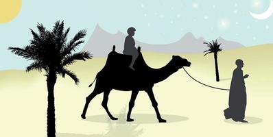 Silhouette of Caravan mit people and camels wandering through the deserts with palms at night and day. Vector Illustration.