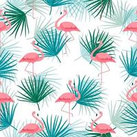 Palm Leaf and with Cartoon Pink Flamingo. Seamless Pattern Background. Vector Illustration
