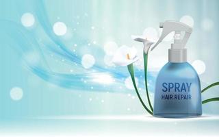 Design Hair Repair Spray Cosmetics Product  Template for Ads or Magazine Background. 3D Realistic Vector Iillustration