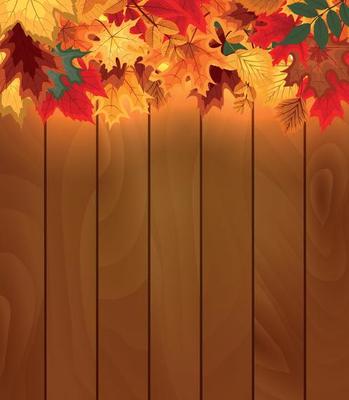 Abstract Vector Illustration Background with Falling Autumn Leaves and Wood Boards