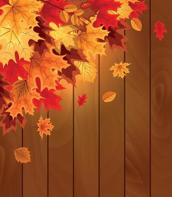 Abstract Vector Illustration Background with Falling Autumn Leaves and Wood Boards