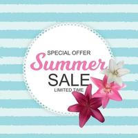 Summer Sale Banner with Lily Flowers. Cute Natural Background Vector Illustration