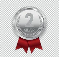 Champion Art Silver Medal with Red Ribbon Icon Sign Second Place Isolated on Transparent Background. Vector Illustration