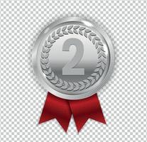 Champion Art Silver Medal with Red Ribbon Icon Sign Second Place Isolated on Transparent Background. Vector Illustration