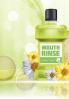 Mouth Rinse Design Cosmetics Product Bottle with Flowers Chamomile Template for Ads, Announcement Sale, Promotion New Product or Magazine Background. 3D Realistic Vector Iillustration