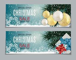 Abstract Vector Illustration Christmas Sale, Special Offer Background with Gift Box and Golden Ball. Winter Hot Discount Card Template