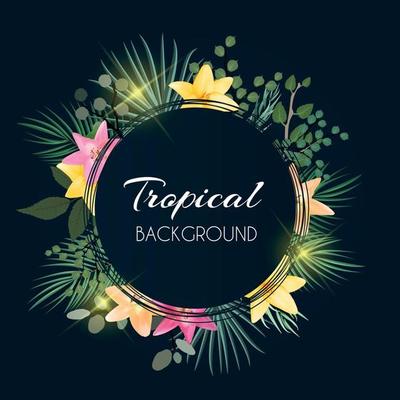 Abstract Natural Tropical Frame Dark Background with Palm and other Leaves and Lily Flowers. Vector Illustration