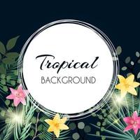 Abstract Natural Tropical Frame Background with Palm and other Leaves and Lily Flowers. Vector Illustration